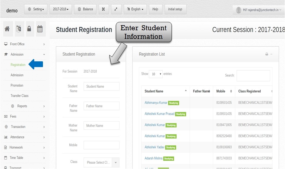 Admissions Management Software add student registration