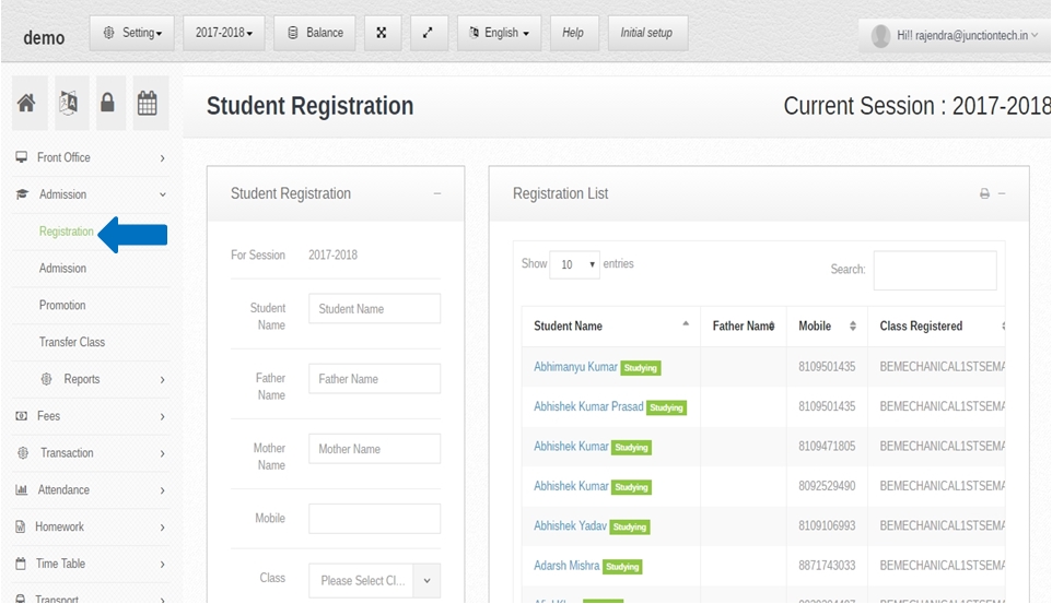 Admission management software registration