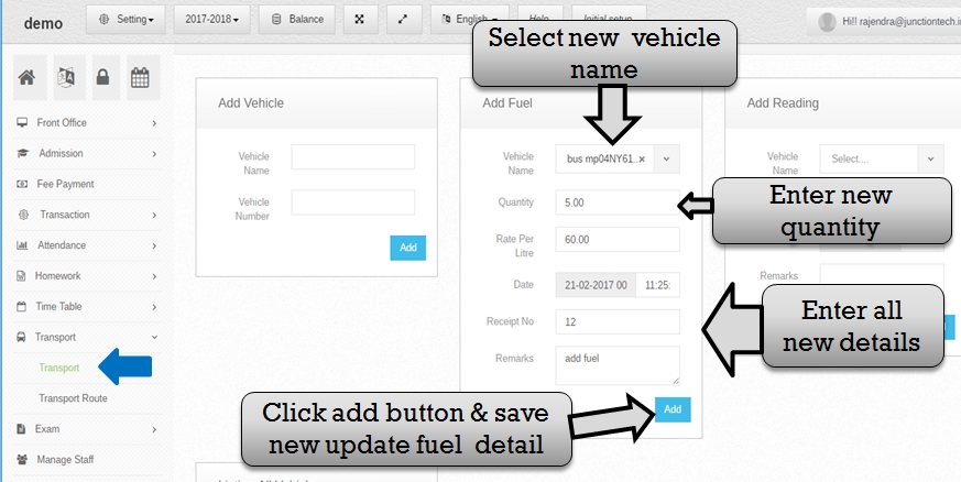 Transportation management system new fuel entry