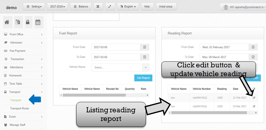 Transportation management system update vehicle reading