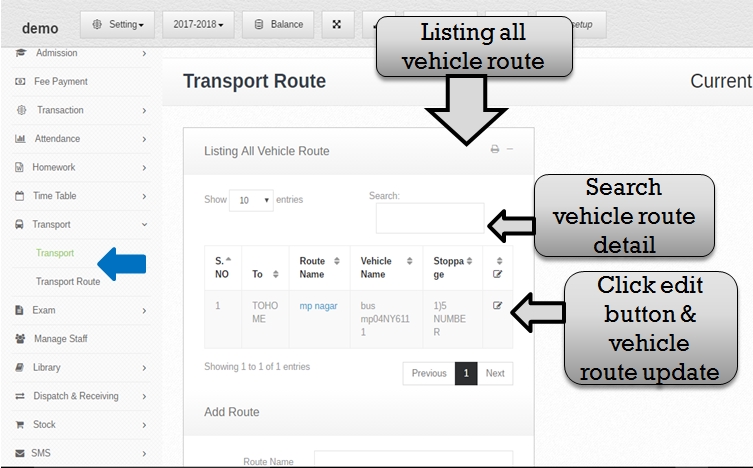 Transportation management system listing vehicle route