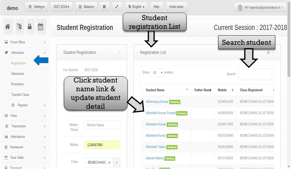 Admissions Management Software registration list