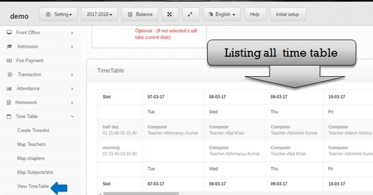 time table list