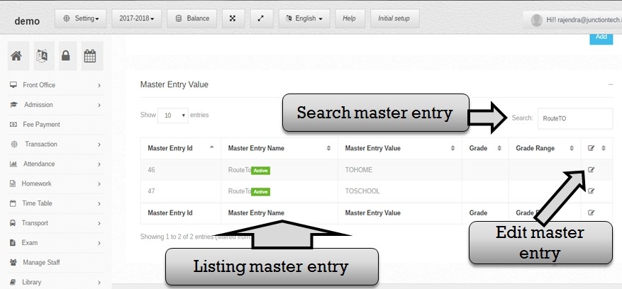 Transportation management system search master entry