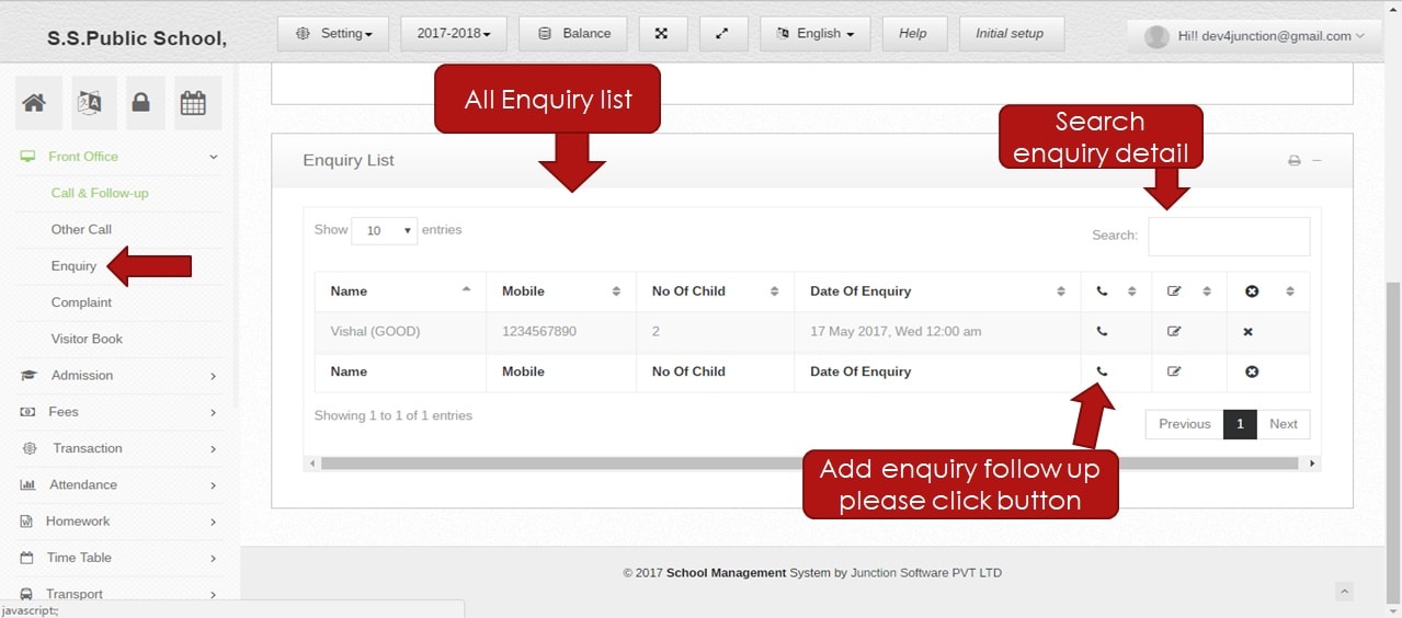 user enquiry list